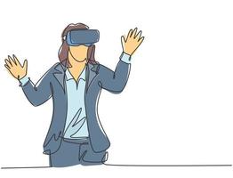 en enda linje ritning av ung glad spelare affärskvinna bär virtual reality hjälm och försök att röra. smart teknik futuristiskt spelkoncept kontinuerlig linje rita design vektor illustration