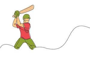 einzelne fortlaufende Linienzeichnung des jungen agilen Cricketspielers, der steht und bereit ist, die Ballvektorillustration zu treffen. Sportübungskonzept. trendiges One-Line-Draw-Design für Cricket-Werbemedien vektor