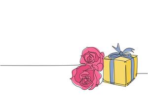 eine durchgehende Strichzeichnung einer schönen Rosenblüte und einer Geschenkbox mit Bandverpackung. moderne Grußkarte, Einladung, Logo, Banner, Plakatkonzept Single Line Draw Design Graphic Vector Illustration