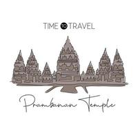 eine einzige strichzeichnung prambanan tempel wahrzeichen. weltberühmter ort in jogja, indonesien. tourismus reise postkarte home wanddekor druckkonzept. moderne durchgehende Linie zeichnen Design-Vektor-Illustration vektor