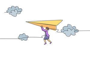 enda enradsteckning ung affärskvinna som hänger på flygande pappersplan vid himlen. affärsmålsutmaning. metafor minimal koncept. modern kontinuerlig linje rita design grafisk vektor illustration