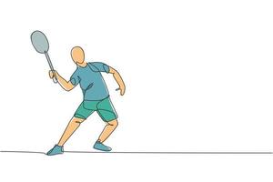 eine einzige Strichzeichnung eines jungen, energischen Badmintonspielers, der springt und Federball-Vektorillustration zerschmettert. gesundes sportkonzept. modernes Design mit durchgehender Linie für Badminton-Turnierplakate vektor