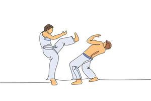 Eine einzige Strichzeichnung von zwei jungen, energischen Capoeira-Tänzern führt tanzende Kampfvektorillustration durch. traditionelles Kampfkunst-Lifestyle-Sportkonzept. modernes Design mit durchgehender Linie vektor