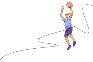 einzelne durchgehende Linienzeichnung junger gesunder Basketballspielerinnen beim Springen. Leistungssportkonzept. trendige Designvektorillustration mit einer Linie für Basketballturnier-Werbemedien vektor