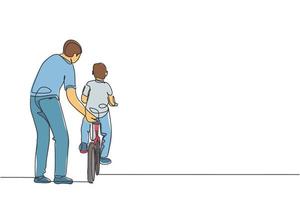 Eine einzige Strichzeichnung des jungen Vaters, der seinem Sohn das Fahrradfahren in der Vektorgrafik des öffentlichen Parks beibringt. Vaterschaftsunterricht. urbanes Familienzeitkonzept. modernes Design mit durchgehender Linienführung vektor