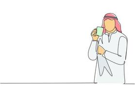 Eine einzige Strichzeichnung eines jungen muslimischen Geschäftsmannes, der über Geschäftsideen nachdenkt, während er eine Tasse Kaffee hält. islamische Kleidung Shemag, Kandura, Schal. Designillustration mit durchgehender Linie zeichnen vektor