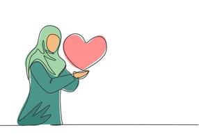 enda kontinuerlig linje ritning ung arabisk affärskvinna sträckte ut armarna med kärlekssymbol. känner sig nöjd med sina mål metafor koncept. en linje rita grafisk design vektor illustration.