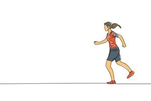 en kontinuerlig linjeteckning av ung sportig kvinna löpare springa slappna av medan du lyssnar på musik. hälsoaktivitet sport koncept. dynamisk enda rad rita design vektor illustration för att köra händelse affisch