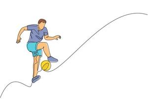 eine einzige strichzeichnung eines jungen glücklichen mannes führt fußball-freestyle durch, springt jonglieren auf der grafischen vektorillustration des stadtplatzes. Fußball-Freestyler-Sportkonzept. modernes Design mit durchgehender Linie vektor