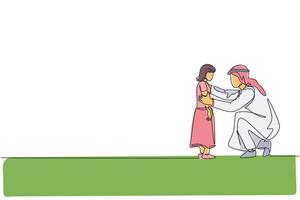 enda kontinuerlig linjeteckning av ung arabisk far som talar med sin dotter, ger goda råd. islamiska muslimska lyckliga familj föräldraskap koncept. en rad grafisk rita design vektor illustration