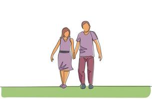 Eine durchgehende Strichzeichnung von jungen Ehepaaren, die im Park spazieren gehen und die Hand zusammenhalten. glückliches familienerziehungskonzept. dynamische einzeilige Zeichnungsdesign-Vektorillustration vektor