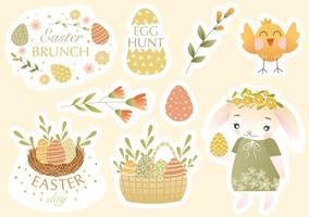 Ostern Aufkleber Kit mit süß Hase, Frühling Blumen, farbig Eier, Glückwunsch Zitate. Vektor Illustration im Kinder- Stil. Vektor Aufkleber einstellen und Design Elemente. perfekt zum Scrapbooking, Karte