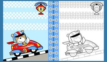 vektor tecknad serie av rolig Björn på tävlings bil, färg bok eller sida