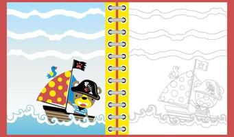 rolig Björn i pirat kostym med liten fågel på segelbåt i de hav, färg bok eller sida vektor