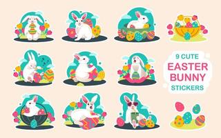 Aufkleber mit Ostern Hasen, Frühling Blumen und farbig Eier. Ostern Frühling Elemente. Vektor eben Illustration.