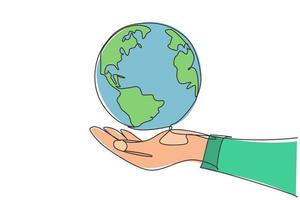 einzelne einzeilige zeichnung von händen hält runde erde. Globussymbol Silhouette für Weltschutzkonzept. Infografiken, Business-Präsentation isoliert auf weißem Hintergrund. Design-Vektorgrafik-Illustration vektor