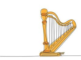 eine einzige Strichzeichnung der eleganten klassischen Harfe. Konzept für Saiteninstrumente. moderne durchgehende Linie zeichnen Design-Grafik-Vektor-Illustration vektor