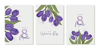 Postkarten, Plakate mit Tulpen zum International Damen Tag, März 8. Vektor Vorlage
