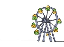 Einzelzeichnung eines Riesenrads in einem Vergnügungspark, ein großer Kreis hoch in den Himmel. interessante Freizeitfahrten für Familien. eine Linie zeichnen Design-Grafik-Vektor-Illustration. vektor