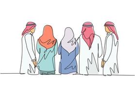 en kontinuerlig radritningsgrupp av unga muslimska affärsman och affärsmän som står tillsammans bakifrån. islamiska kläder kandura, halsduk, hijab. enkel linje rita design vectror illustration vektor