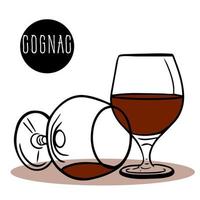 uppsättning av cognac sammansättning. i ett glas resterna av cognac och skiva av citron, i de Övrig glas tömma, två bitar av choklad barer för snacks. vektor