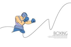 en kontinuerlig linjeteckning av ung sportig man boxare täcker hans huvud med händerna. tävlingskoncept för stridssport. dynamisk enda rad rita design vektorillustration för boxningsmatch marknadsföring affisch vektor
