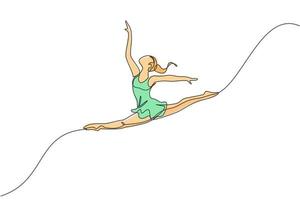 ett kontinuerlig linje teckning av rytmisk rörelse ung skönhet gymnast flicka. golv övning artist i trikåer. friska aktiva sport dansa begrepp. dynamisk enda linje dra design vektor illustration