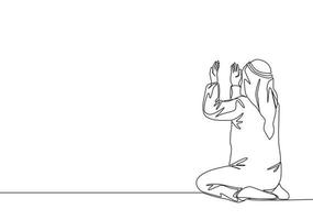 Single kontinuierlich Linie Zeichnung von Muslim Person erziehen und öffnen Hände beten, von Rückseite Sicht. islamisch heilig Tag Ramadan kareem und eid Mubarak beten Konzept einer Linie zeichnen Design Vektor Illustration