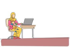 enda kontinuerlig linjeteckning av ung islamisk mamma som skriver på laptop arbetar hemifrån medan hon kramar sin son. arabiska muslimska lyckliga familjen moderskap koncept. en linje rita design vektor illustration
