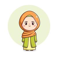 süß Hijab Mädchen mit Grün Kleid Chibi Muslim Charakter vektor