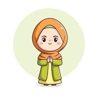 süß Hijab Mädchen mit Gruß Geste kawaii Chibi moeslim Charakter vektor
