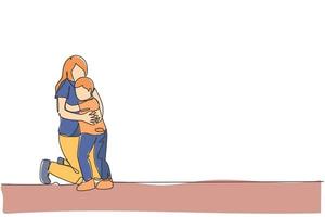 Eine durchgehende Strichzeichnung einer jungen glücklichen Mutter, die ihren lieben Sohn voller Wärme in der Schule umarmt. glückliches liebevolles Elternfamilienkonzept. dynamische einzeilig zeichnende Design-Grafik-Vektor-Illustration vektor