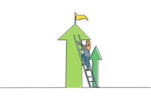 Kontinuierliche Zeichnung einer jungen arabischen Arbeiterin klettert auf die Leiter, um die Spitze des Pfeilsymbols nach oben zu erreichen. Erfolgsmanager minimalistisches Konzept. trendige Single-Line-Draw-Design-Vektorgrafik-Illustration vektor