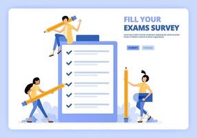 människor som fyller i ansökningar om examensarbete eller examen. användare ger feedback med enkäten. designad för målsida, banner, webbplats, webb, affisch, mobilappar, hemsida, flygblad, broschyr vektor