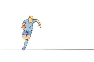 eine durchgehende Linienzeichnung eines jungen Rugbyspielers, der den Ball laufen und halten wird. konkurrenzfähiges aggressives sportkonzept. dynamische Single-Line-Draw-Design-Vektorillustration für Turnier-Promotion-Medien vektor