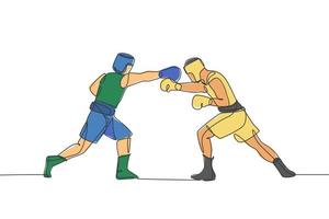 en enda linjeteckning av två unga energiska män boxare attackerar varandra vid boxningsmatch vektorillustration. sport stridande träningskoncept. modern kontinuerlig linje ritning design för boxning banner vektor