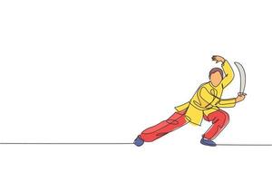 en kontinuerlig linjeteckning av ung wushu mästare man, kung fu krigare i kimono med svärd på träning. kampsport sport tävling koncept. dynamisk enda rad rita design vektorgrafisk illustration vektor