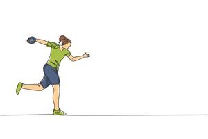 en enda linjeteckning av ung energisk kvinna övning för att kraftfullt kasta diskus i fältmark vektorillustration. hälsosam livsstil atletisk sport koncept. modern kontinuerlig linjeritningsdesign vektor