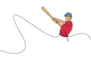 eine durchgehende Strichzeichnung eines jungen sportlichen Baseballspielers, der ernsthaft in der Arena übt. Leistungssportkonzept. dynamische einzeilige Zeichnungsdesign-Grafikvektorillustration für Werbeplakat vektor