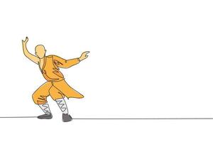 enda kontinuerlig linjeteckning ung muskulös shaolin munk man tränar kampsport på shaolin tempel. traditionell kinesisk kung fu kamp koncept. trendiga en rad rita design grafisk vektorillustration vektor