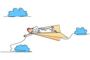 Einzelne durchgehende Strichzeichnung eines jungen arabischen Geschäftsmannes legte sich auf ein fliegendes Papierflugzeug, um seine Herbstkollegen zu erreichen. Minimalismus-Metapher-Konzept. eine linie zeichnen grafikdesign-vektorillustration vektor