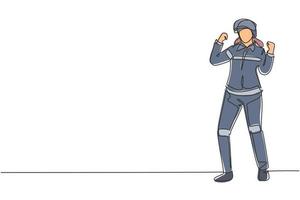 einzelne durchgehende linienzeichnung weibliche feuerwehrfrau stand mit feiern geste, trug helm und einheitliche arbeit, um feuer im gebäude zu löschen. dynamische eine linie zeichnen grafikdesign vektorillustration vektor