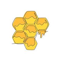 einzelne fortlaufende Linienzeichnung eines stilisierten Bienenstocks mit süßem Honigtropfen aus Waben. natürliches gesundes lebensmittelkonzept. moderne einzeilige designvektorgrafikillustration für organische ergänzung vektor