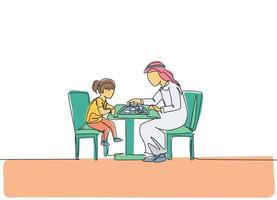 en kontinuerlig linje ritning av ung arabisk pappa och dotter tänkande strategi medan du spelar schack. lyckligt islamiskt muslimskt föräldraskap familjekoncept. dynamisk enkel linje rita design vektor illustration