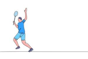 einzelne durchgehende Linienzeichnung eines jungen, agilen Badmintonspielers, der Federball trifft. Leistungssportkonzept. trendige Designvektorillustration mit einer Linie für Badminton-Turnierveröffentlichungsmedien vektor