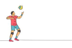 einer kontinuierlich Linie Zeichnung jung männlich Fachmann Volleyball Spieler im Aktion Dienen Ball auf Gericht. gesund wettbewerbsfähig Mannschaft Sport Konzept. dynamisch Single Linie zeichnen Design Grafik Vektor Illustration