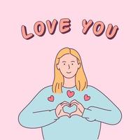 glad Alla hjärtans dag, kärlek koncept. ung kvinna visar ett tecken på hjärtat. platt vektorillustration vektor