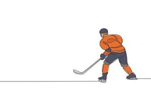 eine einzige Strichzeichnung eines jungen Eishockeyspielers in Aktion, um ein Wettkampfspiel auf der grafischen Vektorillustration des Eisbahnstadions zu spielen. Konzept für Sportturniere. modernes Design mit durchgehender Linie vektor