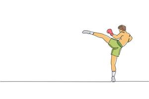 Single Continuous Line Drawing junger sportlicher Mann, der Thaiboxen im Fitnessstudio Club Center trainiert. kämpferisches muay thai sportkonzept. Wettkampfveranstaltung. trendige einzeilige zeichnen design vektorgrafik illustration vektor