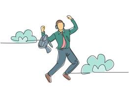 en radritning av ung glad affärsman som bär en kostym som hoppar över molnet medan han lyssnar på musik. affärsframgång firande koncept kontinuerlig linje rita design vektor grafisk illustration